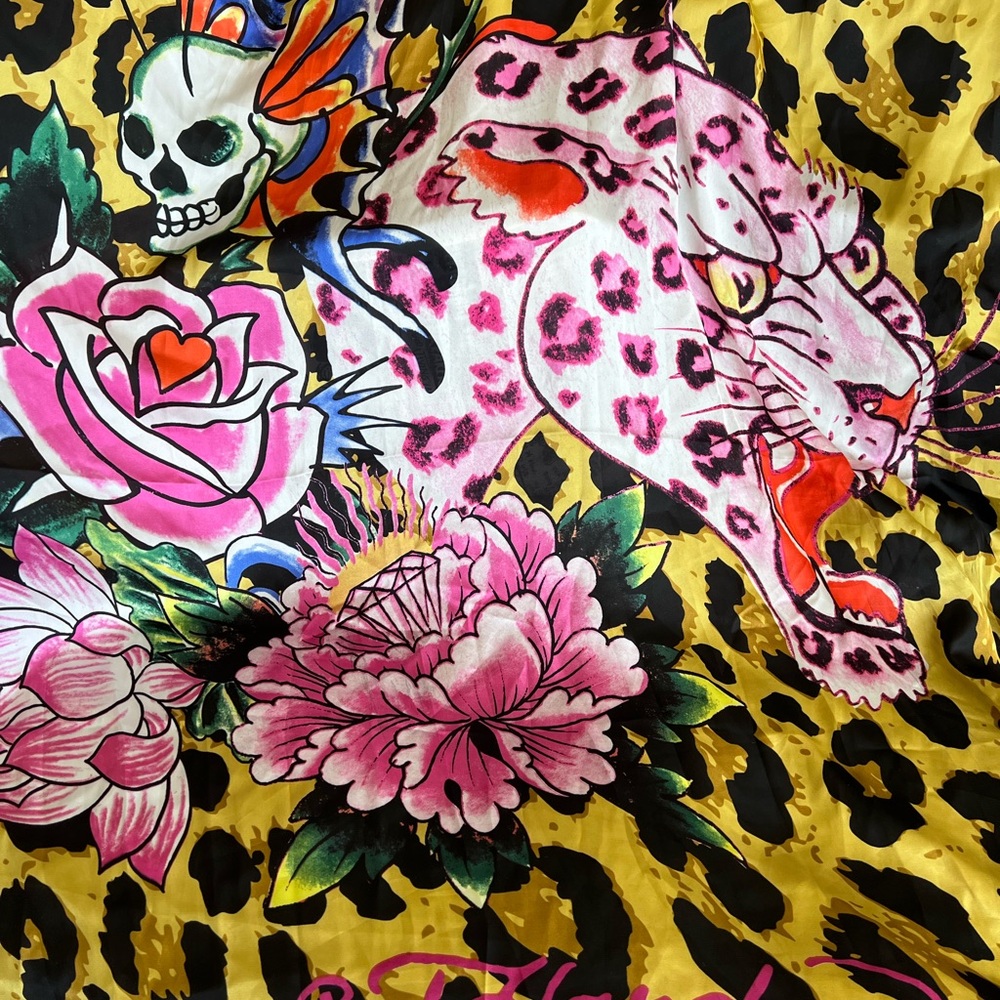 Oversized ED Hardy Leopard & Floral Silk Scarf with Pink Panther Motif